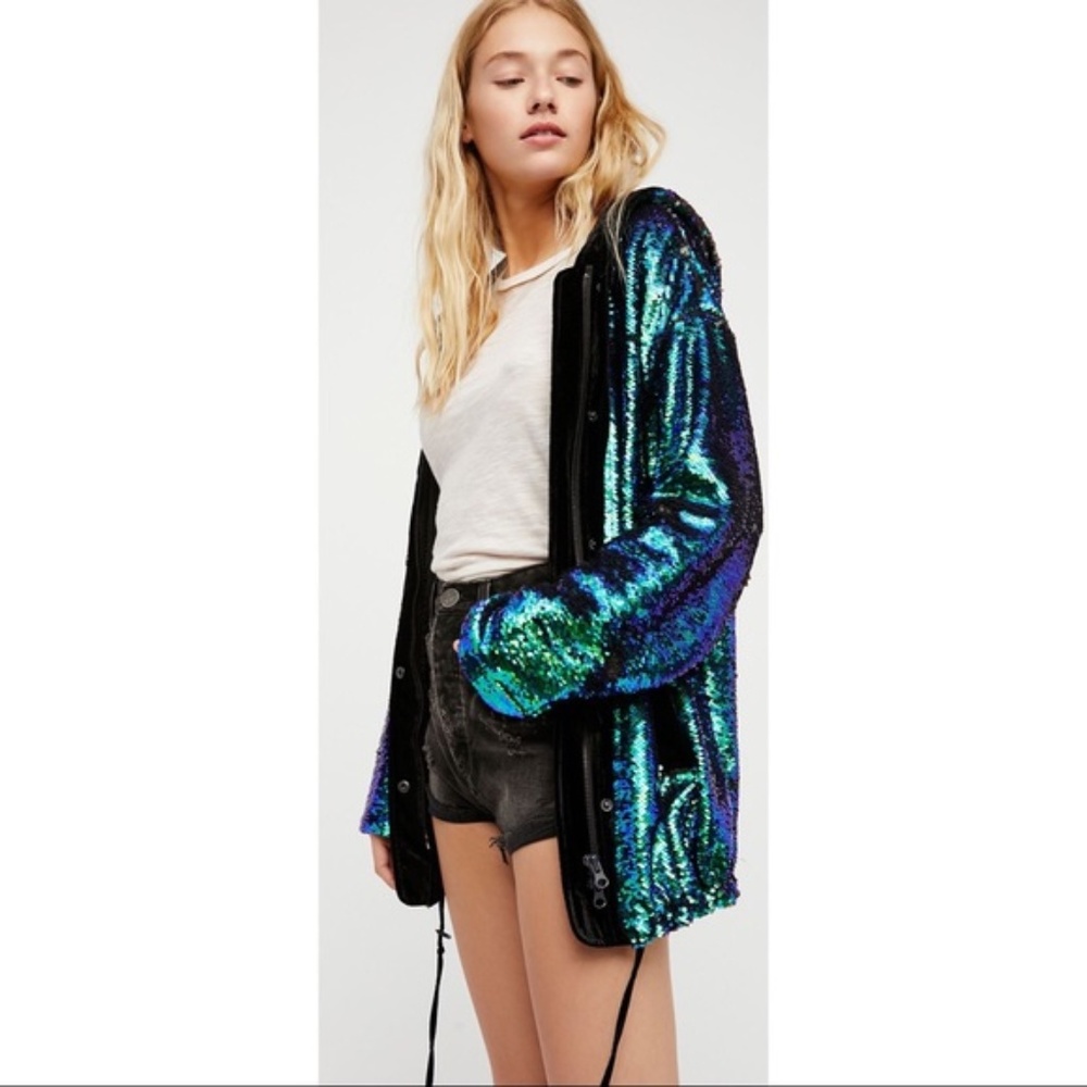 Free People City Lights Sequin Hooded Jacket XS